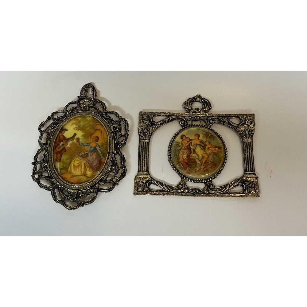 Pair Of Vintage Cameo Porcelain Fragonard Art Printed Plaques 24K Gold Plated